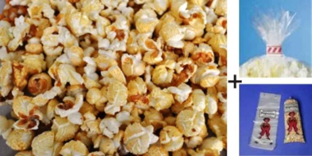 Fertiges Popcorn süß zum selbst Abfüllen mit Tüten+Klipse im Karton 